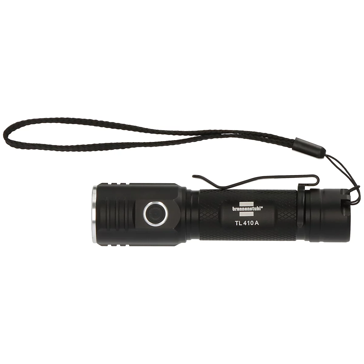 Black flashlight with a side clip and distinctive loop, recognizable by its robust shape and slip-resistant surface.