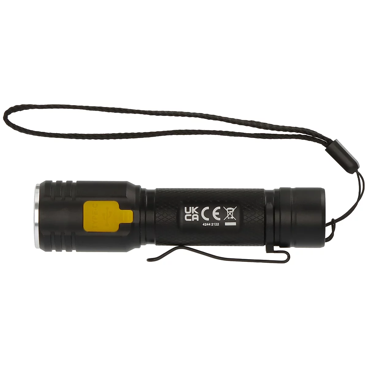 Black flashlight with blue battery compartment, gray switch, and clip.