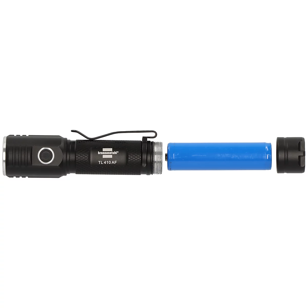 Black-blue flashlight with side switch and removable blue battery.