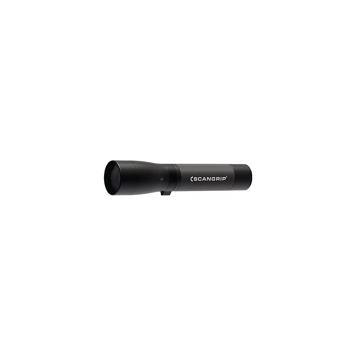 A black Scangrip flashlight, elongated, with the logo.