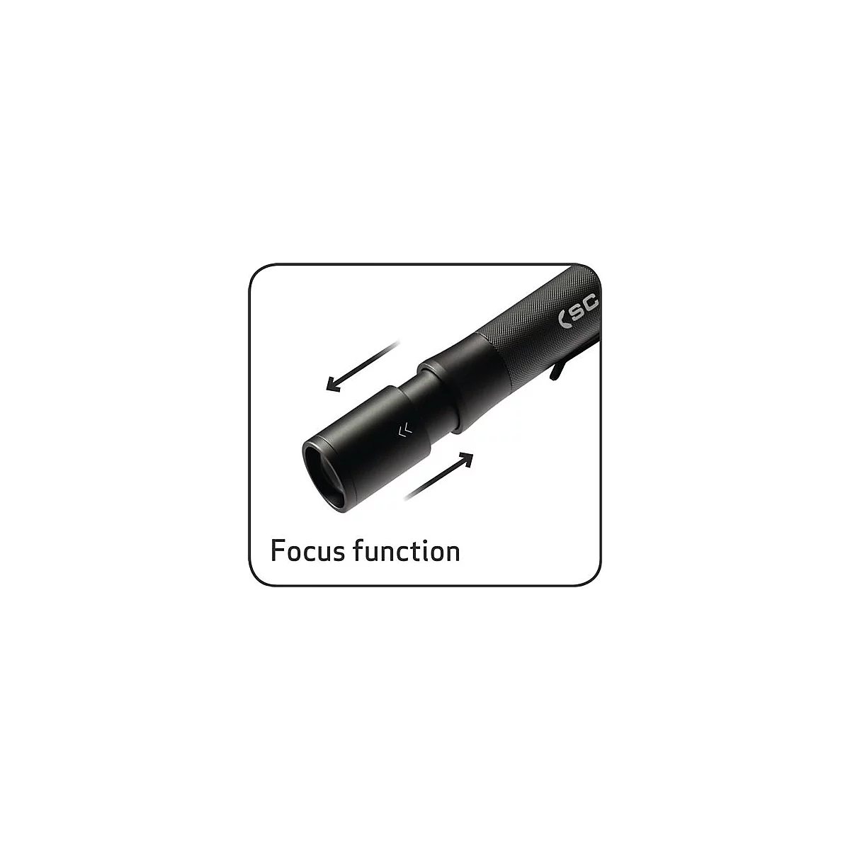 Close-up of a black flashlight with focus function, arrows indicate operation. Text: Focus function.