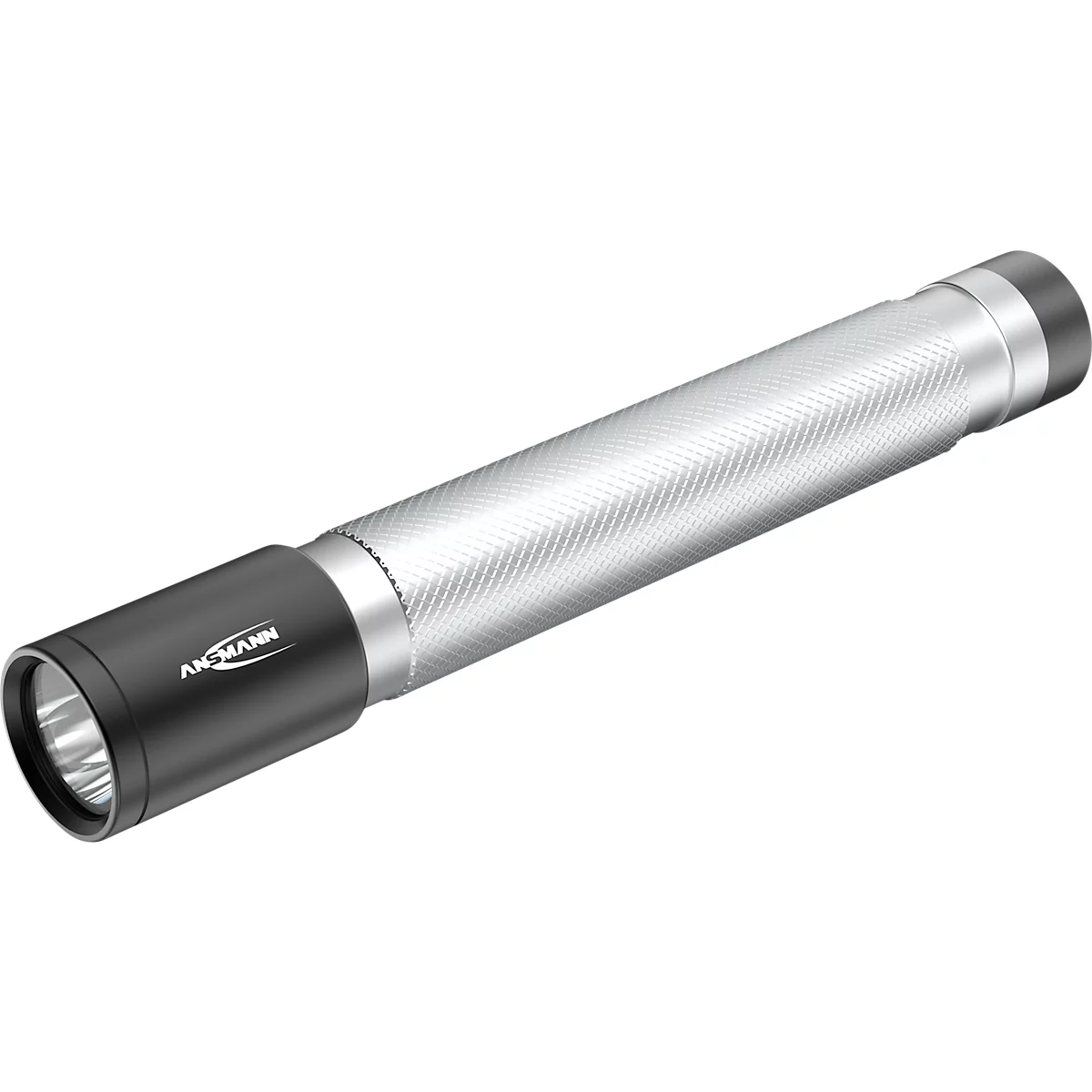 A silver bar flashlight with a black head and handle. The name "ANSMANN" is visible.