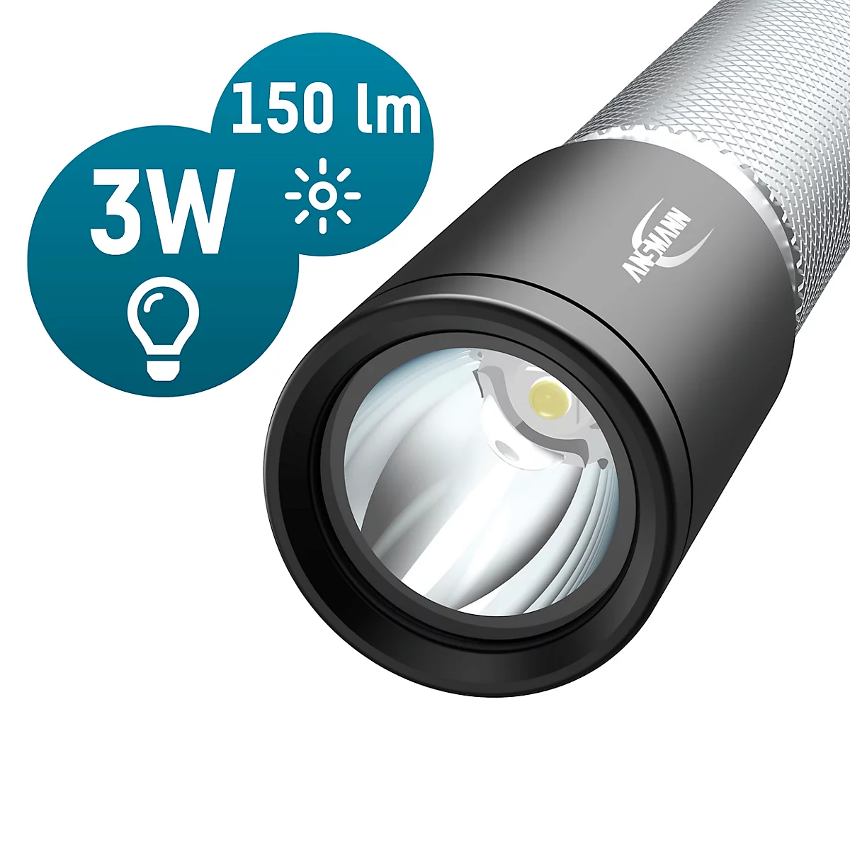 Close-up of a silver flashlight with a black head. Next to it are details: 3W, 150 lm.