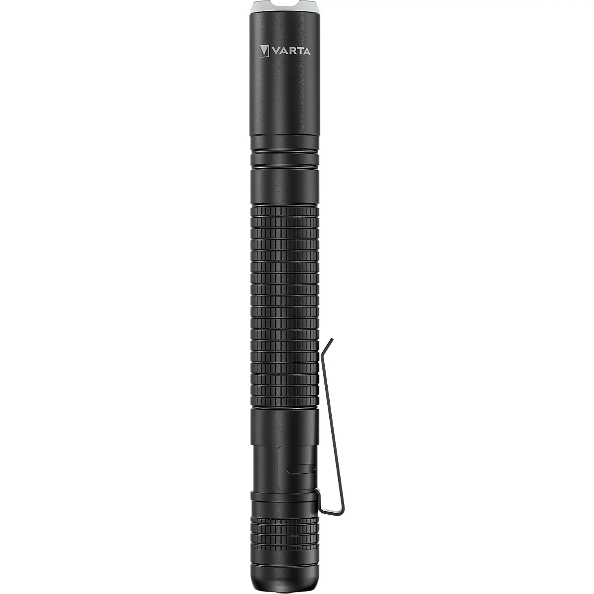 Black flashlight with 'VARTA' lettering. It has a ribbed center section and a metal clip.