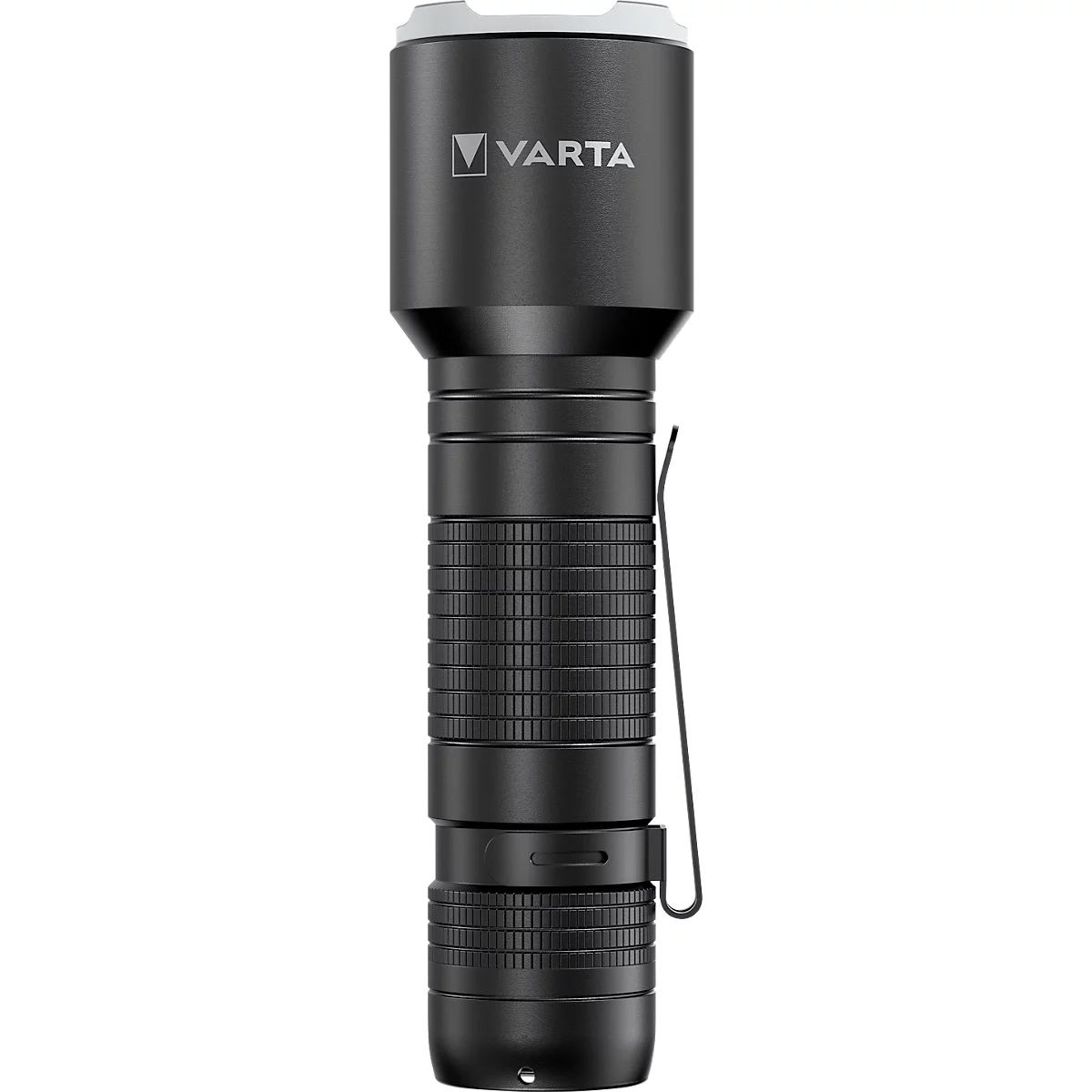 Black LED flashlight with silver clip and the VARTA lettering.