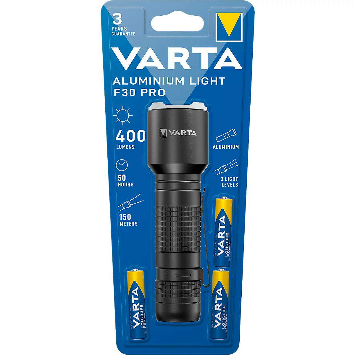 Black Varta Aluminium F30 Pro flashlight with yellow batteries. The packaging shows details such as lumens, operating time, and light range.