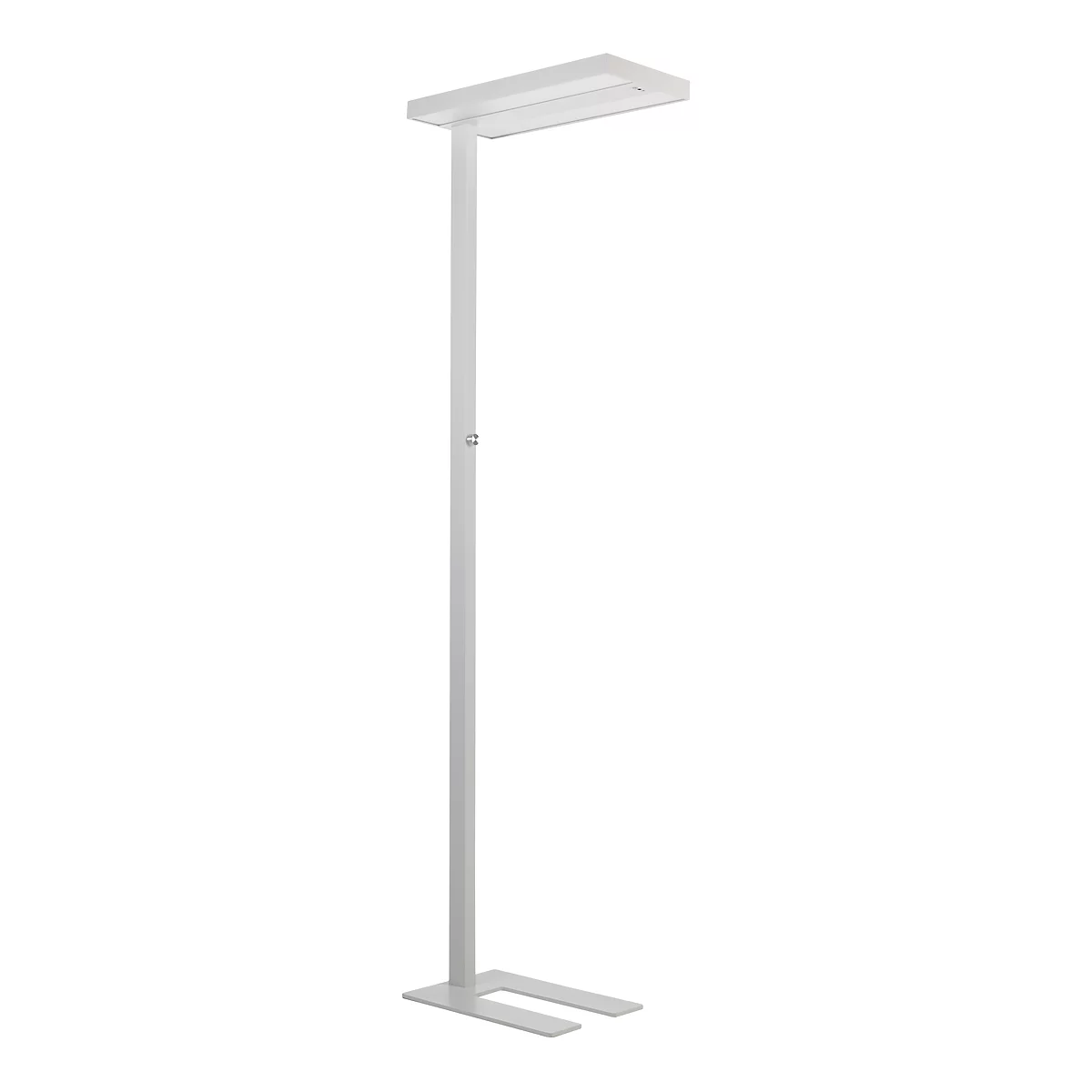 A slim, white floor lamp with a rectangular light head. The foot is U-shaped and flat.