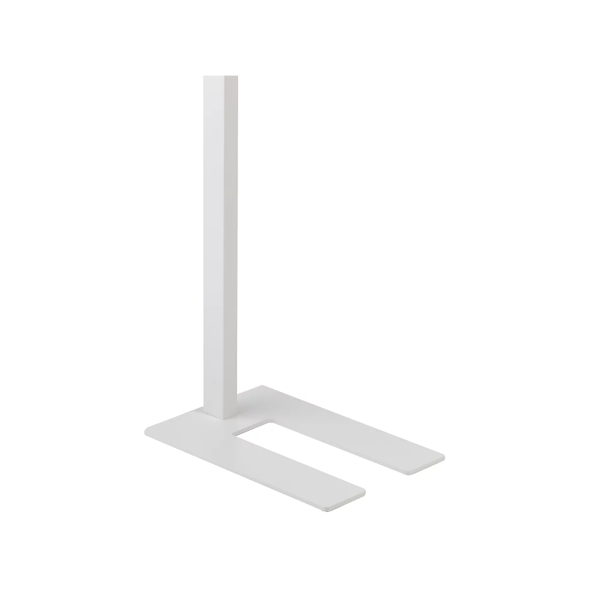 White, minimalist lamp stand, standing on a rectangular base and splitting like a fork.