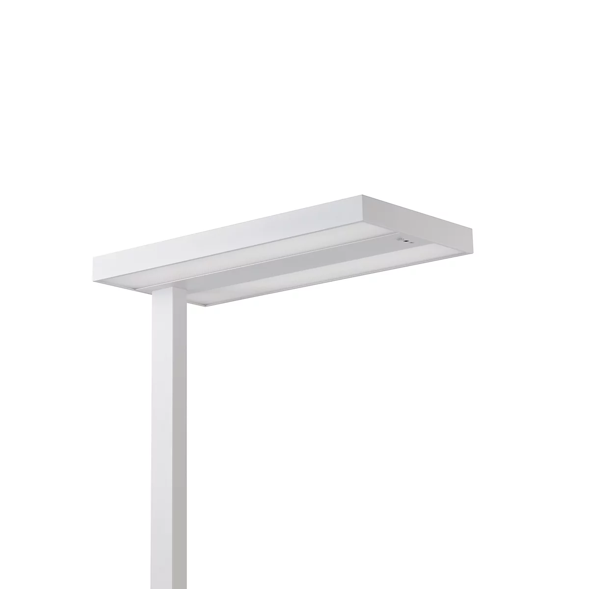 White LED desk lamp with a rectangular head and vertical arm. Detailed shot, neutral background.