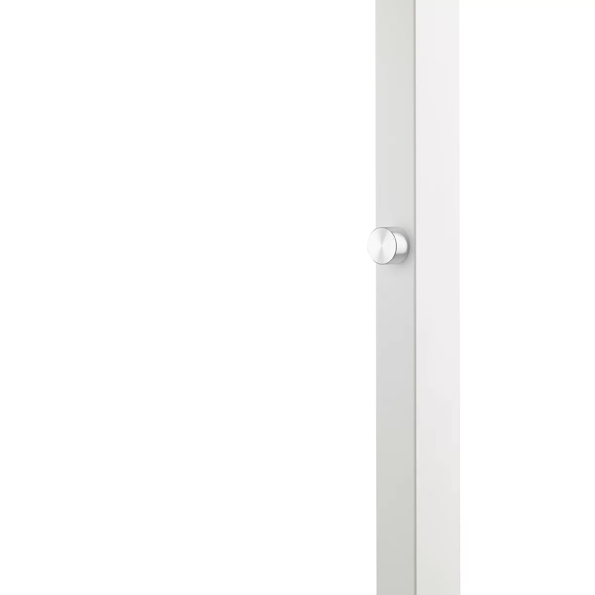 Detail shot of a white, rectangular post with a silver screw. Lots of white space on the left.