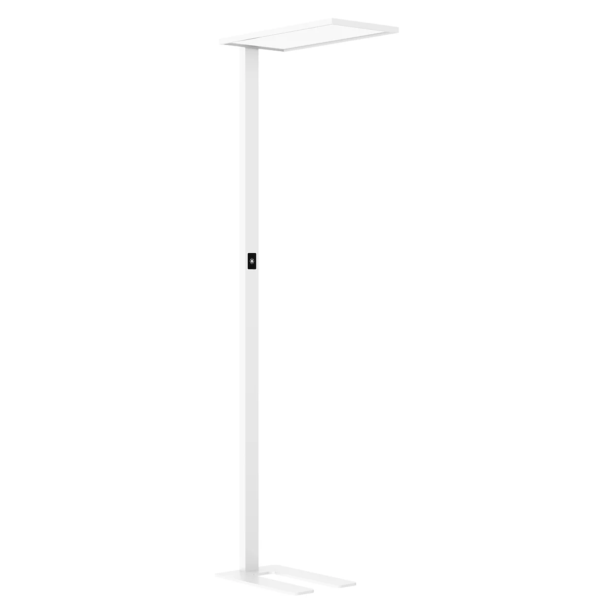 White standing lamp. It has a rectangular lampshade and a slender, straight stand.