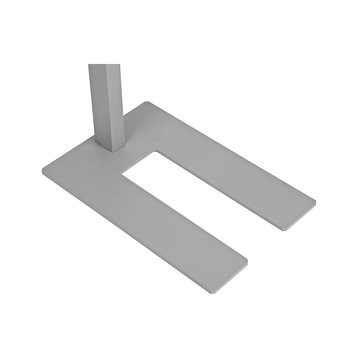 Light gray U-shaped stand base with a rectangular opening in the middle. A square post rises from the base.