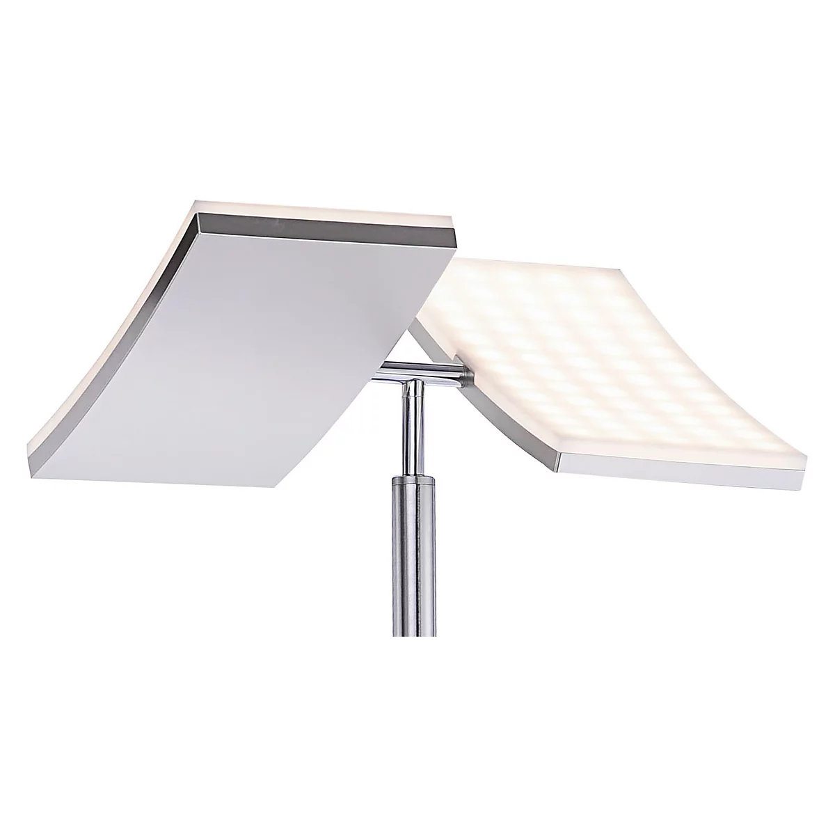 A modern floor lamp with two rectangular, white light elements that tilt upwards and are connected by a silver pole.