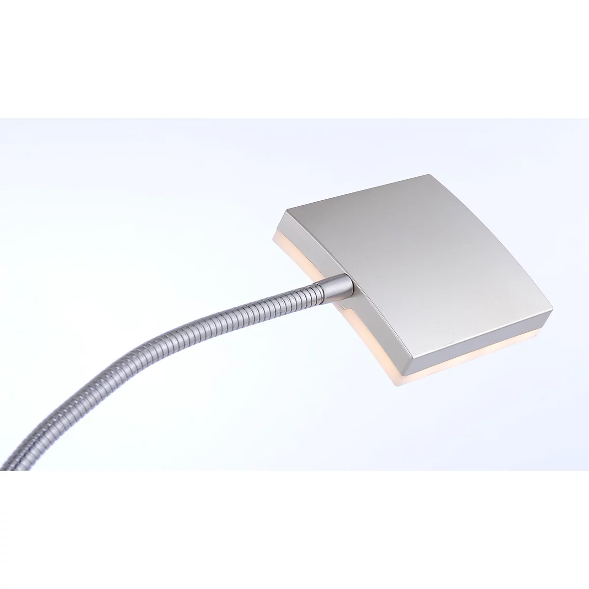 A silver desk lamp with a flexible neck and rectangular lamp head.