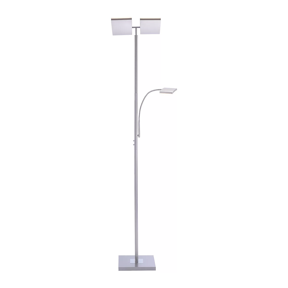 Metal floor lamp with two lampshades on top and another, flexible light arm.