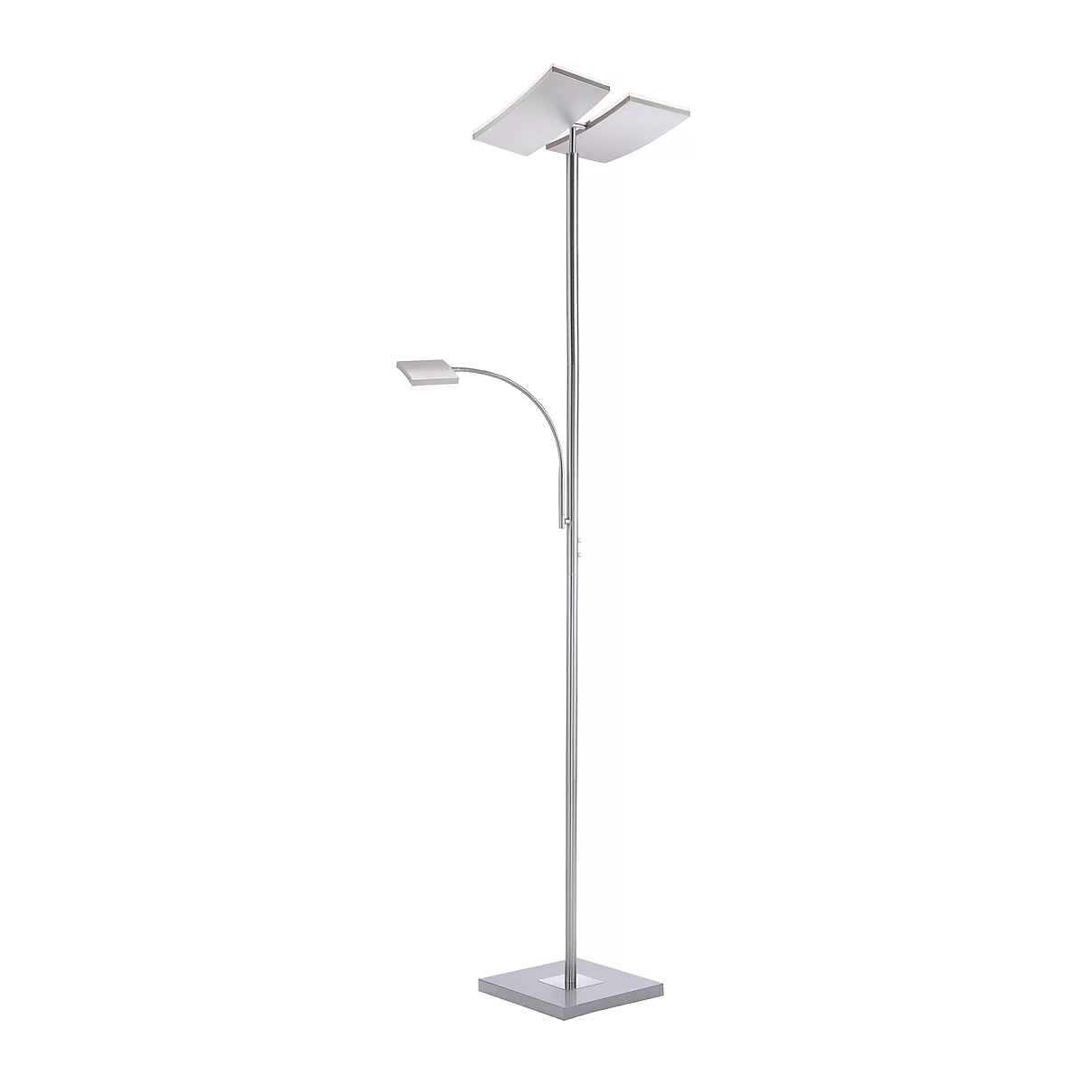Gray floor lamp with a square base and three lamp heads.