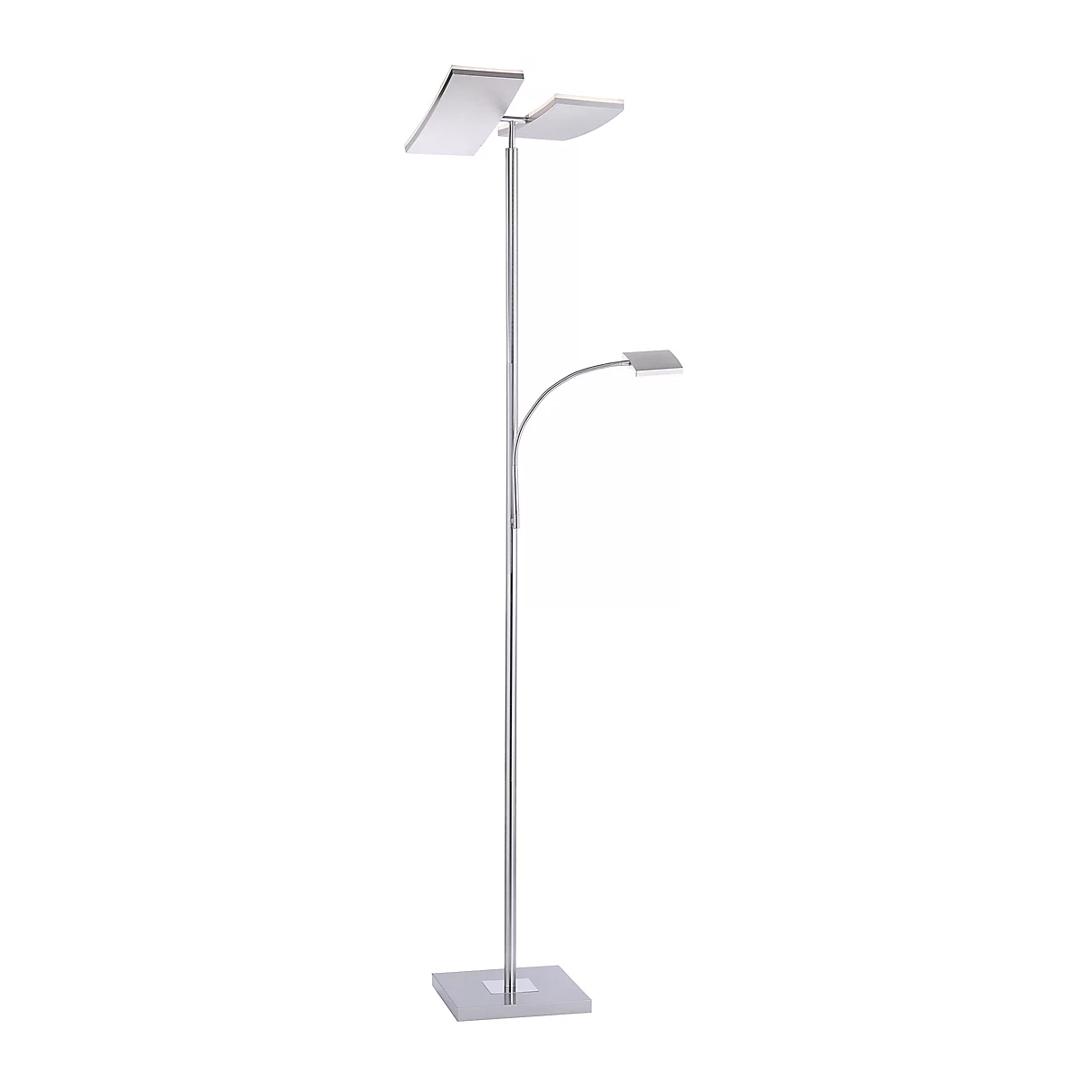 Floor lamp with three rectangular light sources. Two are on top, one on a curved arm.