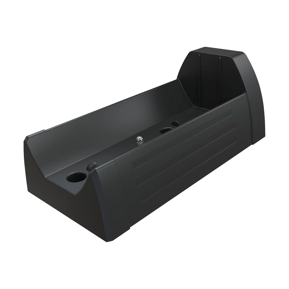 Black, oblong plastic charging station with round openings and a raised back.