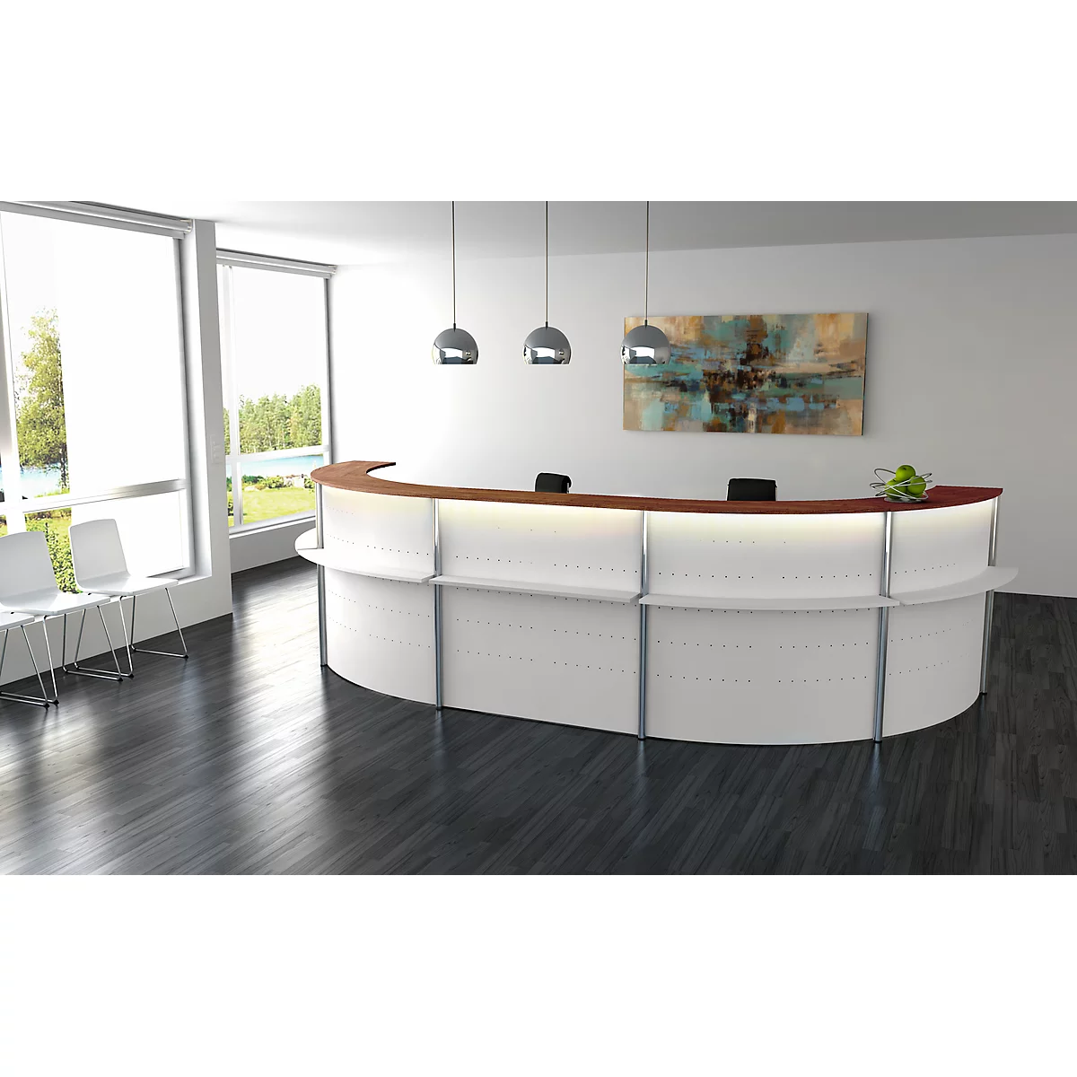 Modern office reception desk, white with brown countertop, bright lighting, artwork on the wall.