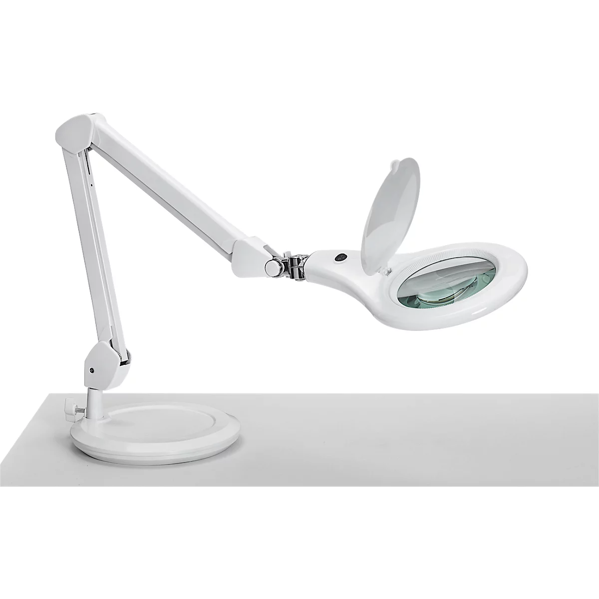 LED Lupenleuchte MAULmakro, 3-Dioptrien-Linse, 8 W, 580 lm, 6500 K, Arm um 360° dreh-& neigbar, höhenverstellbar, Standfuß, weiß