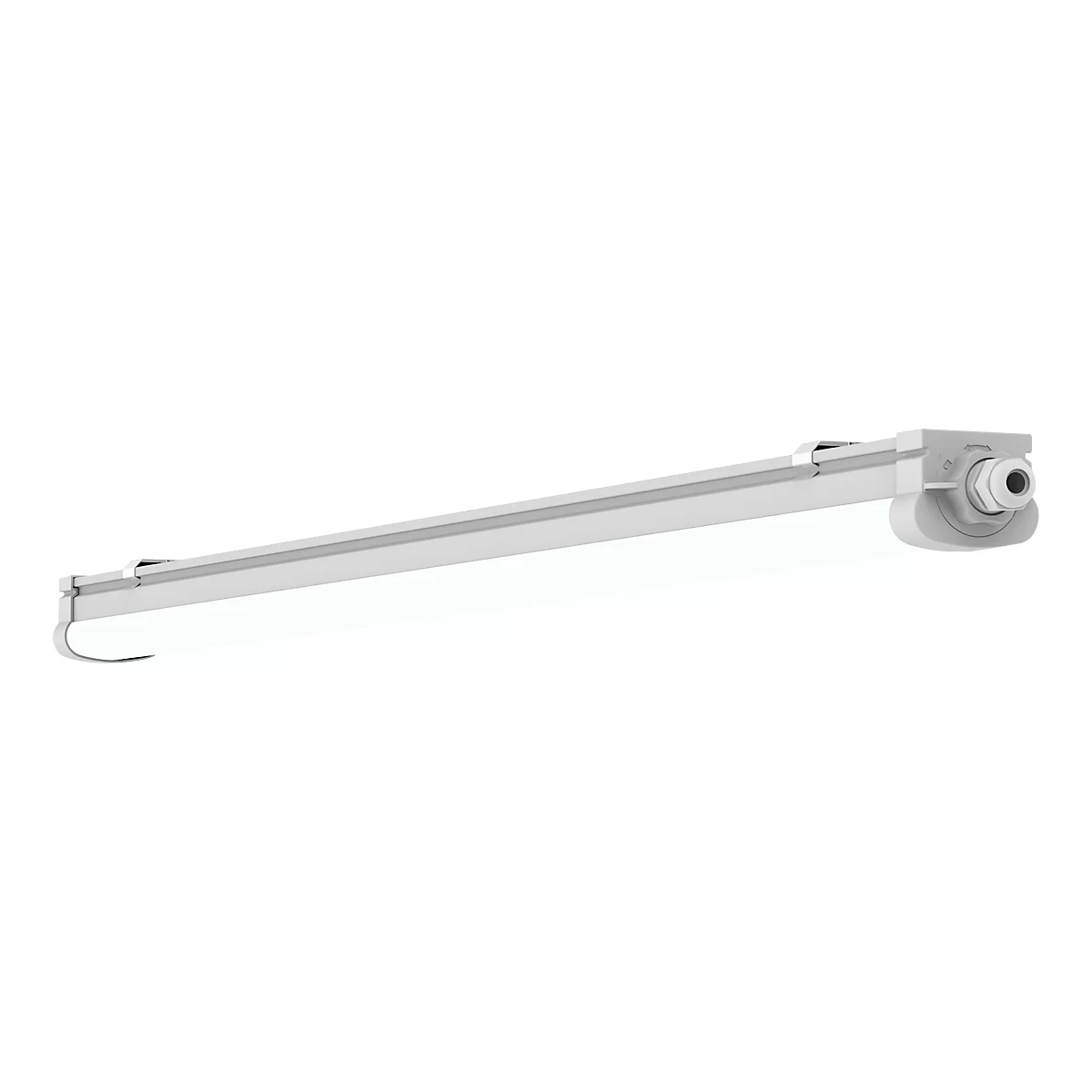 Long, white light fixture with rounded corners, attached to a bracket.