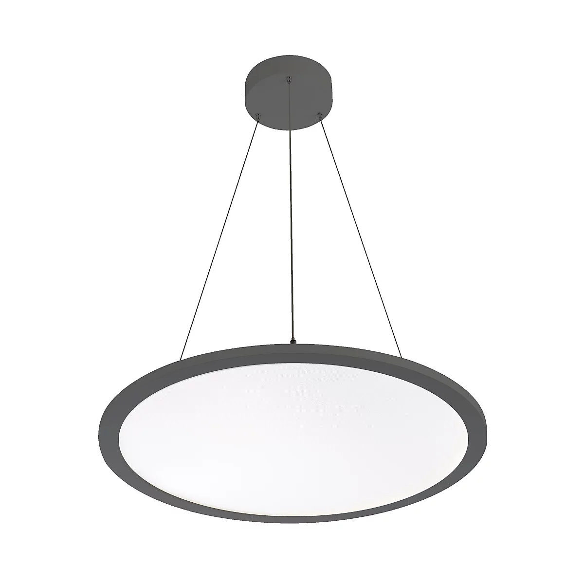 Round gray pendant lamp, bright light source. Attached to two ropes, ceiling mounting.