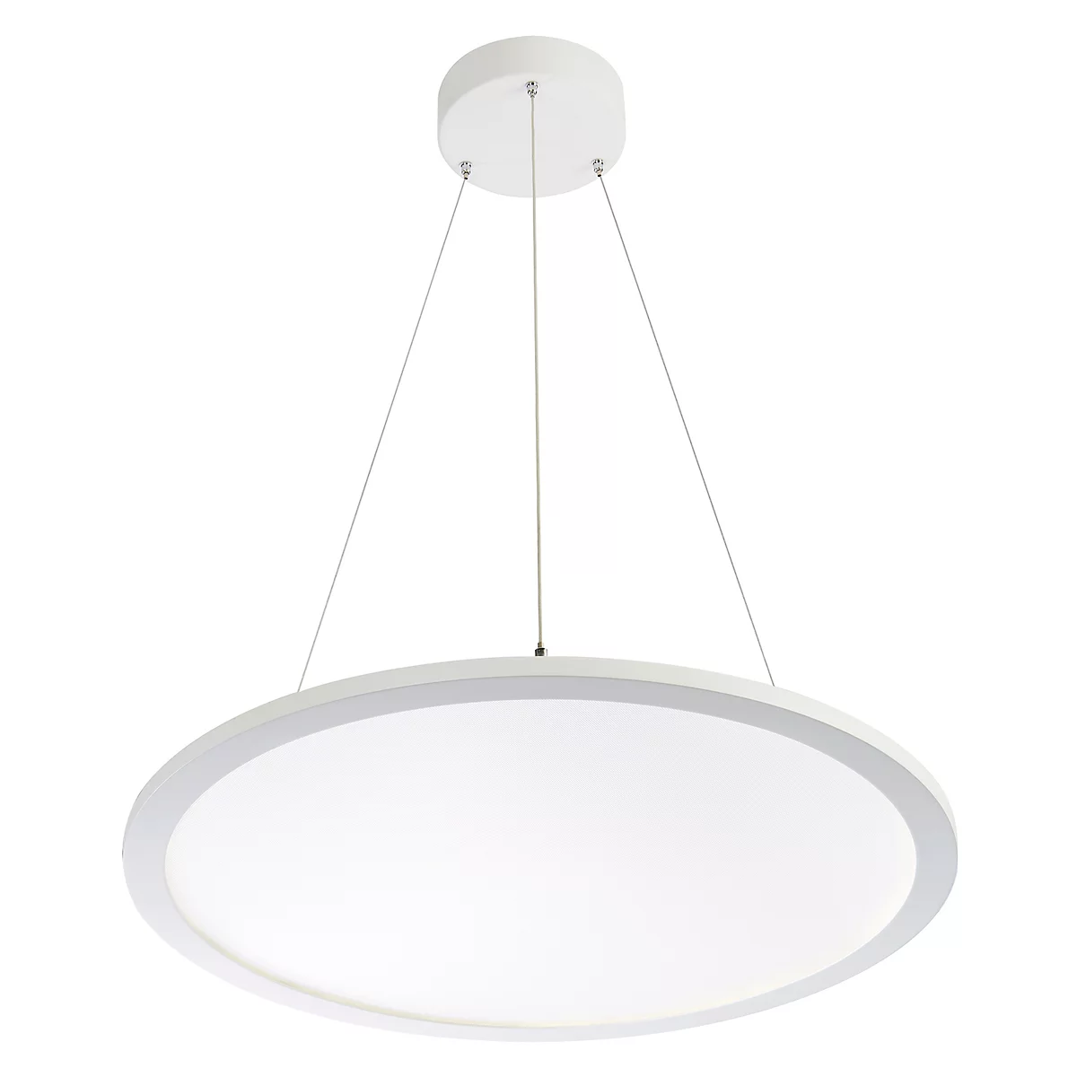 White, round ceiling lamp. It hangs from three thin cables from a white ceiling rose.