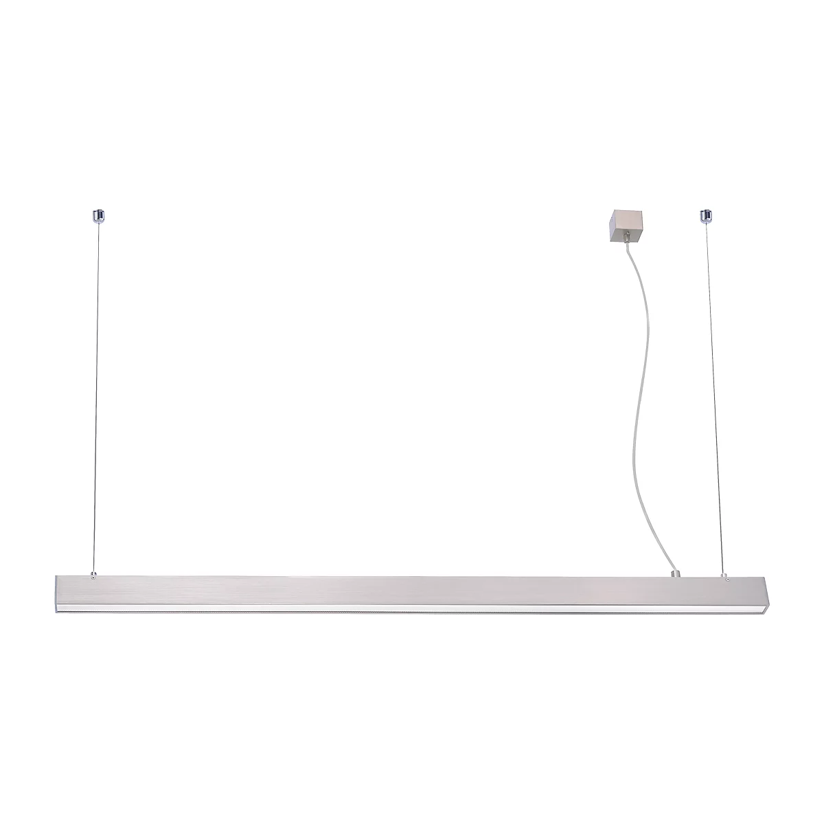 A long, silver-colored pendant light with thin steel cables. The lamp is rectangular, modern, and minimalist.