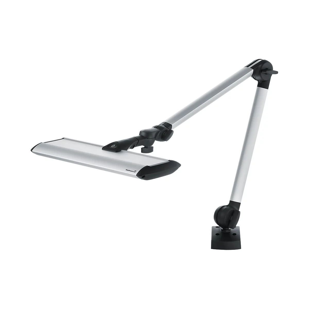 Silver desk lamp with flexible arm and rectangular luminaire, black joints.