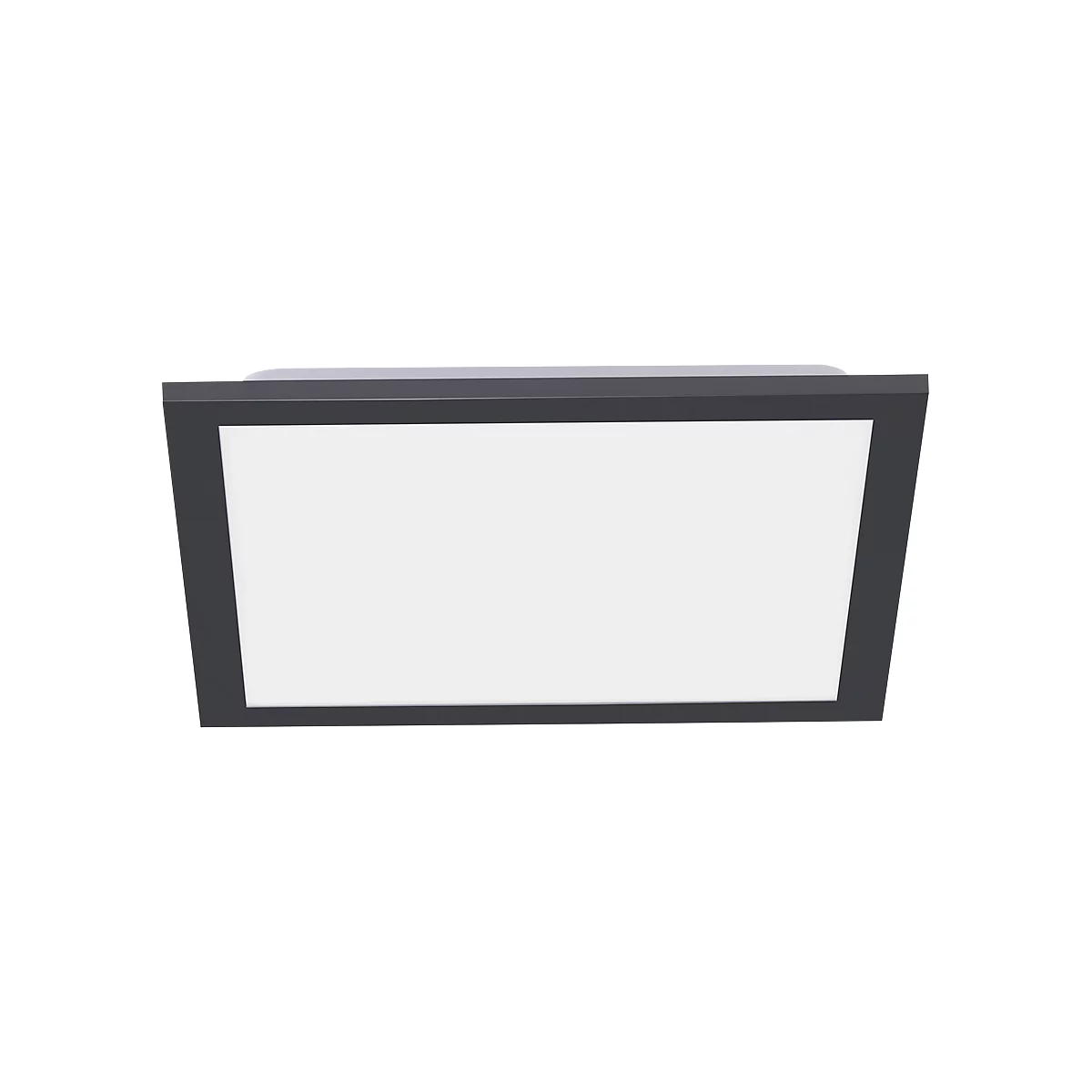 Bovenaanzicht van een rechthoekige plafondlamp met een zwart frame en een wit lichtoppervlak.