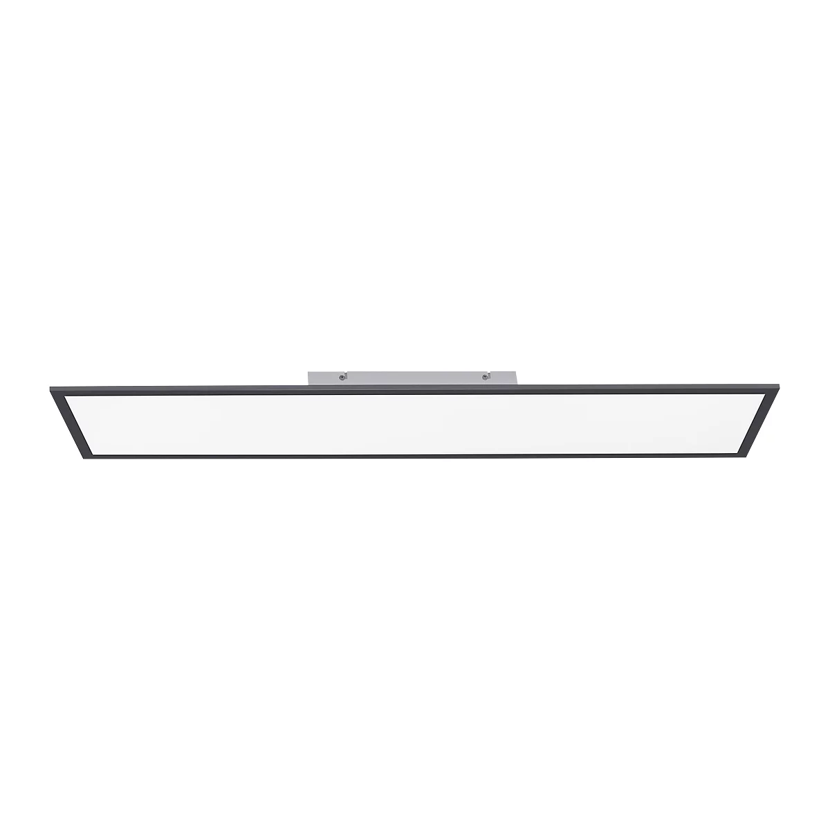 Een rechthoekige plafondlamp, zwart omrand met helder licht. Bevestigd aan het plafond.