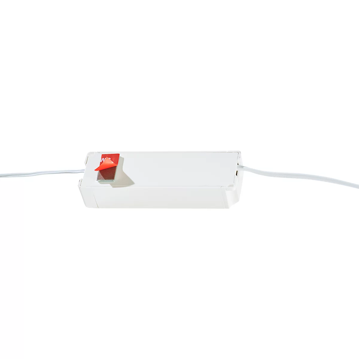 Close-up of a white, rectangular power switch with a red switch, connected to two white cables.