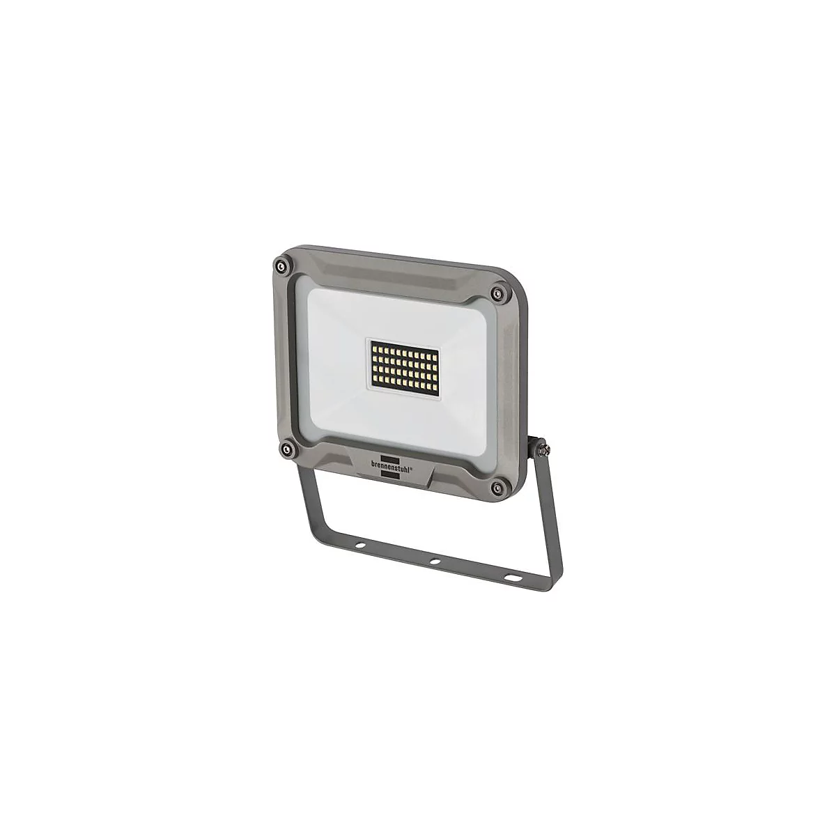Grijze LED-schijnwerper, rechthoekig, met standaard en merklogo.