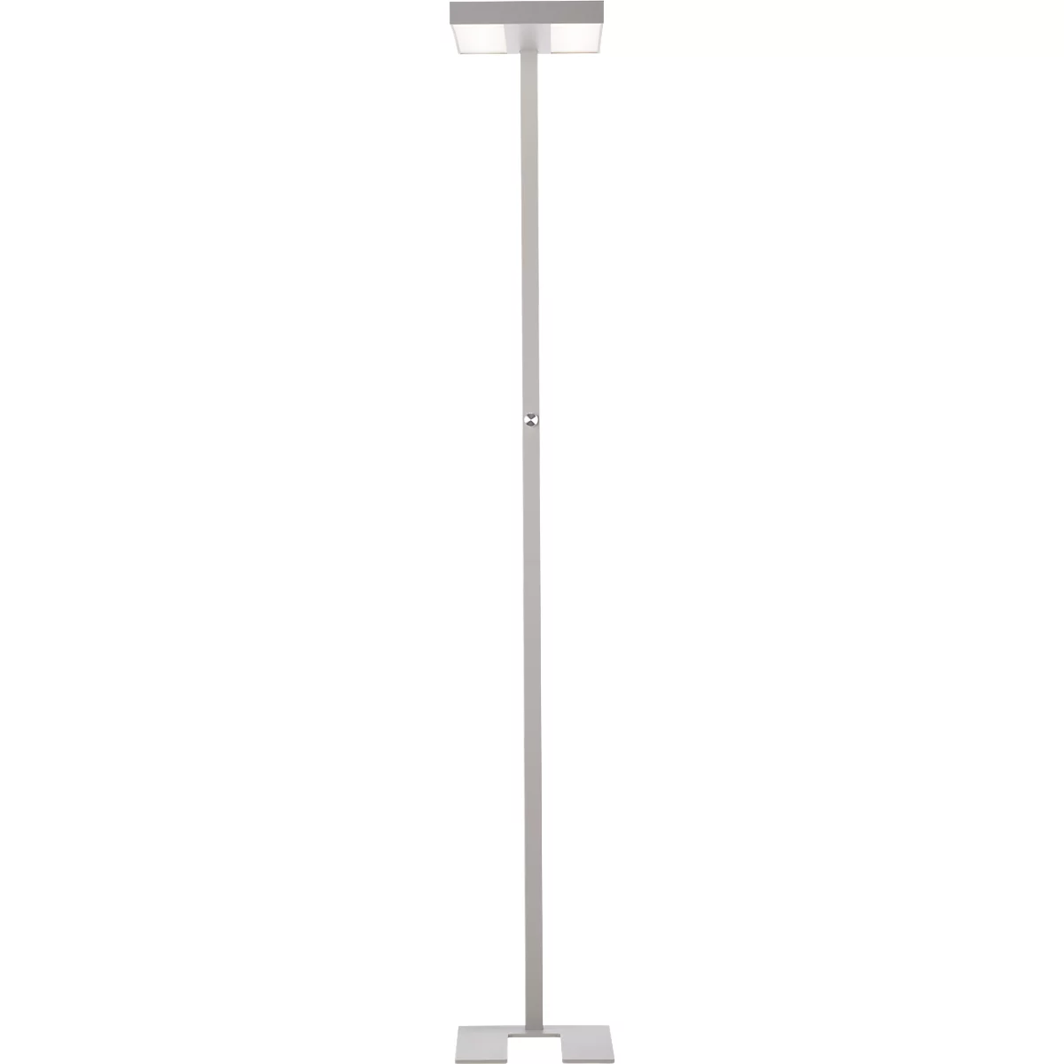 Een moderne, strakke witte vloerlamp, met een rechthoekige voet en lampenkap.