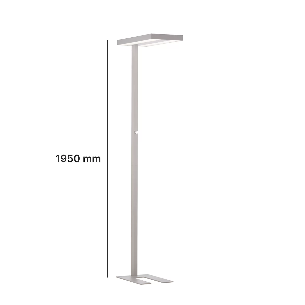 Vloerlamp met een vierkante lichtkop. Afmeting 1950 mm.