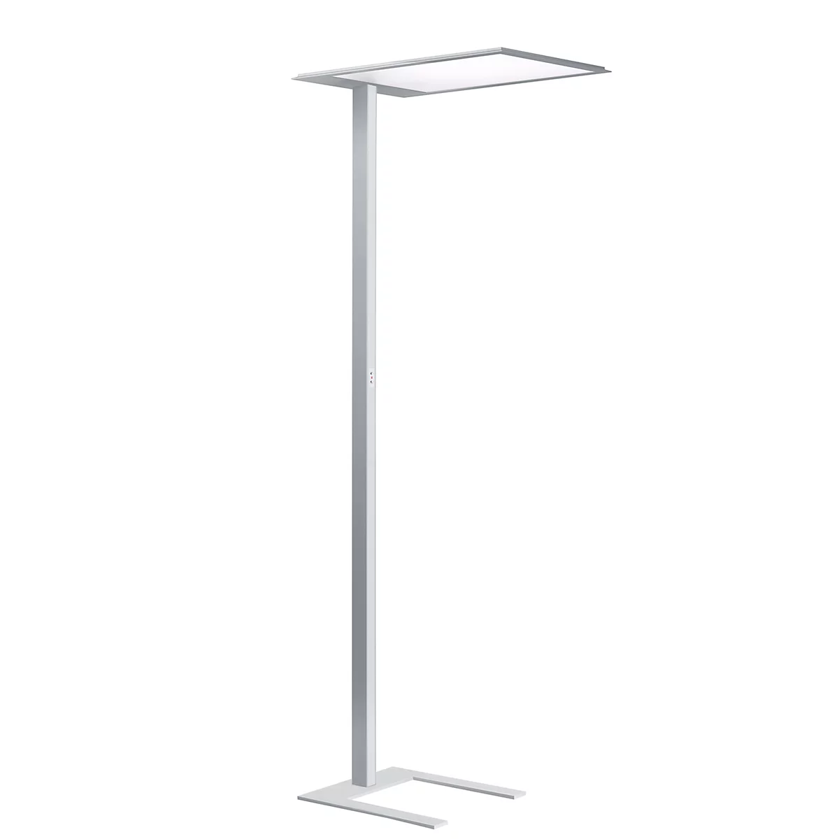 Zilveren staande lamp met een rechthoekige lampenkap. De slanke schacht staat op een U-vormige voet. Helder design.