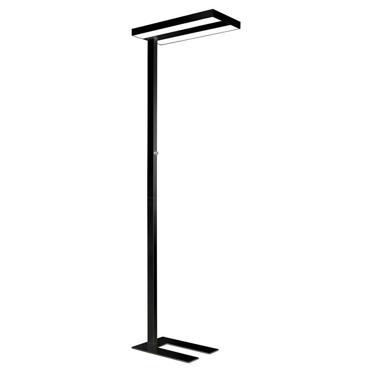 Schwarze Stehlampe mit rechteckigem Kopf und Standfuß. Leuchtmittel sind in der Oberseite integriert.