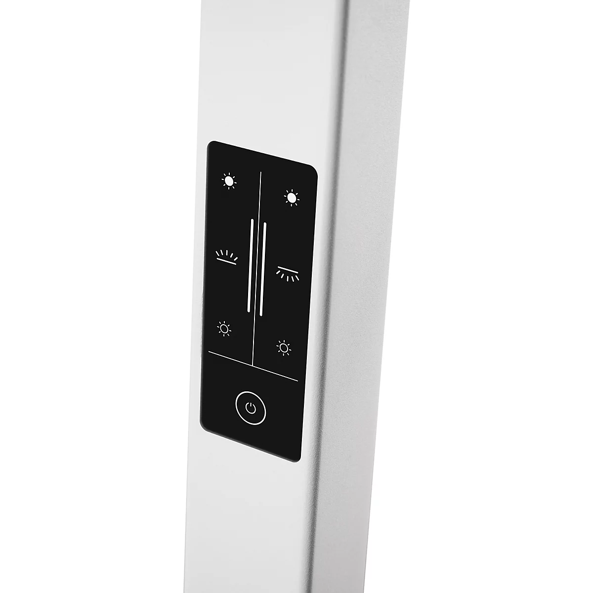 Detailaufnahme einer weissen Leuchte mit schwarzem Bedienfeld. Das Bedienfeld zeigt Symbole für Helligkeit, eine Ein-/Aus-Taste und eine Lampe.