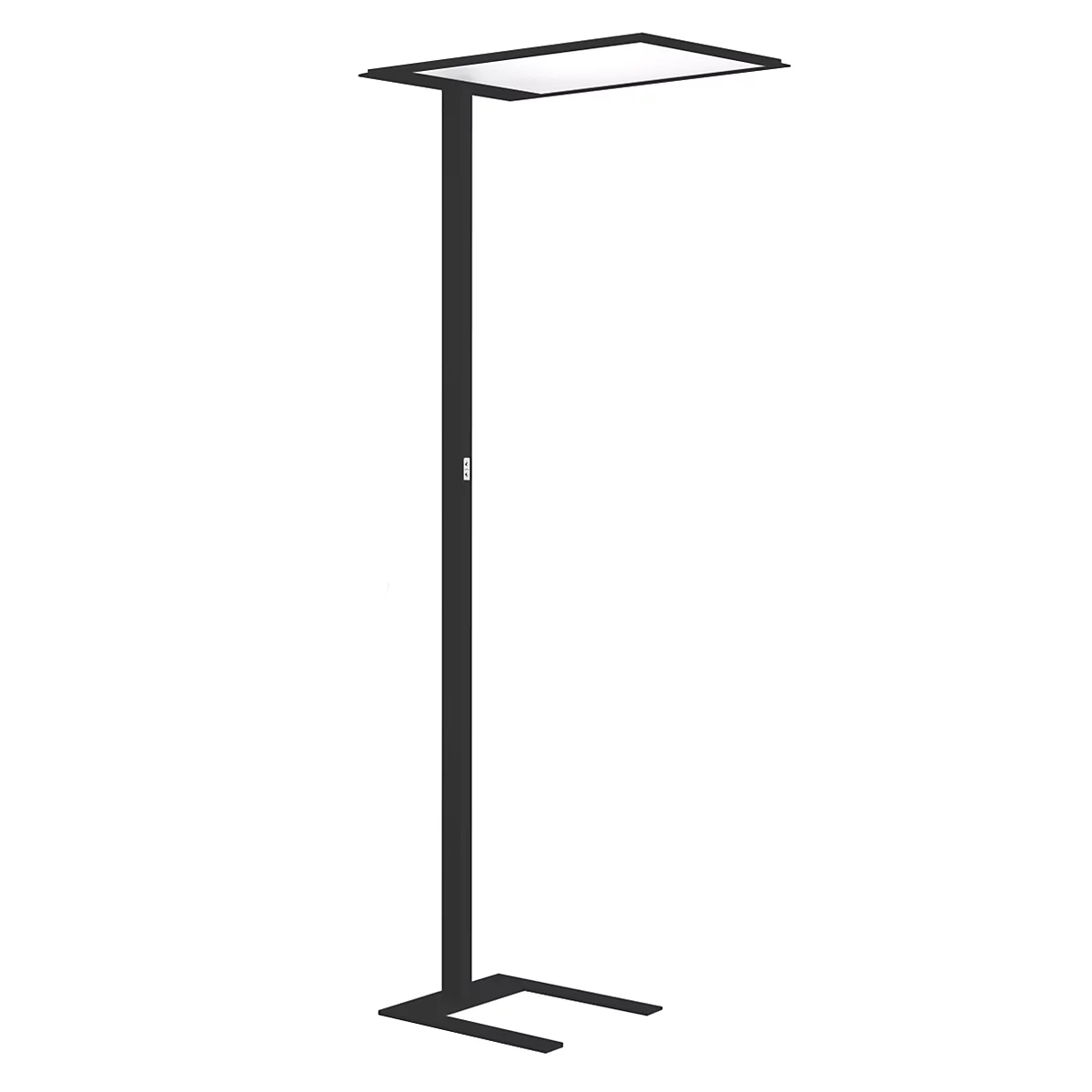 Eine elegante, schwarze Stehleuchte mit quadratischem Leuchtkörper. Sie steht auf einem rechteckigen Fuß und ist für Innenräume konzipiert.