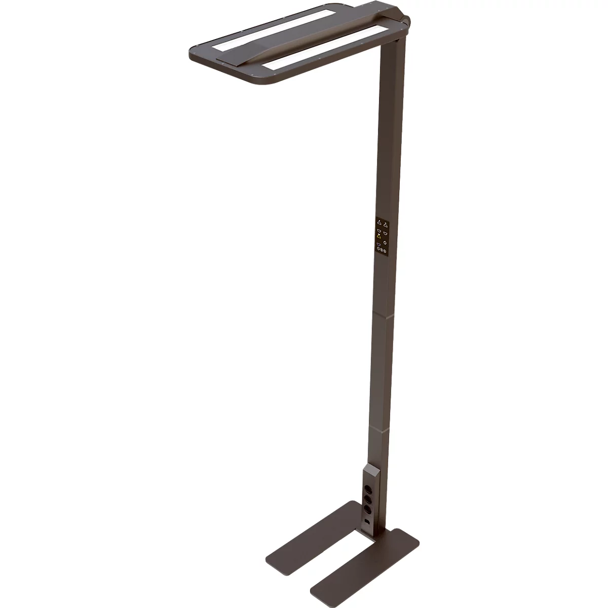 Eine schlanke, grau-braune LED-Schreibtischlampe. Der Kopf hat zwei Lichtleisten, der schlanke Arm hat einen Bedienbereich.