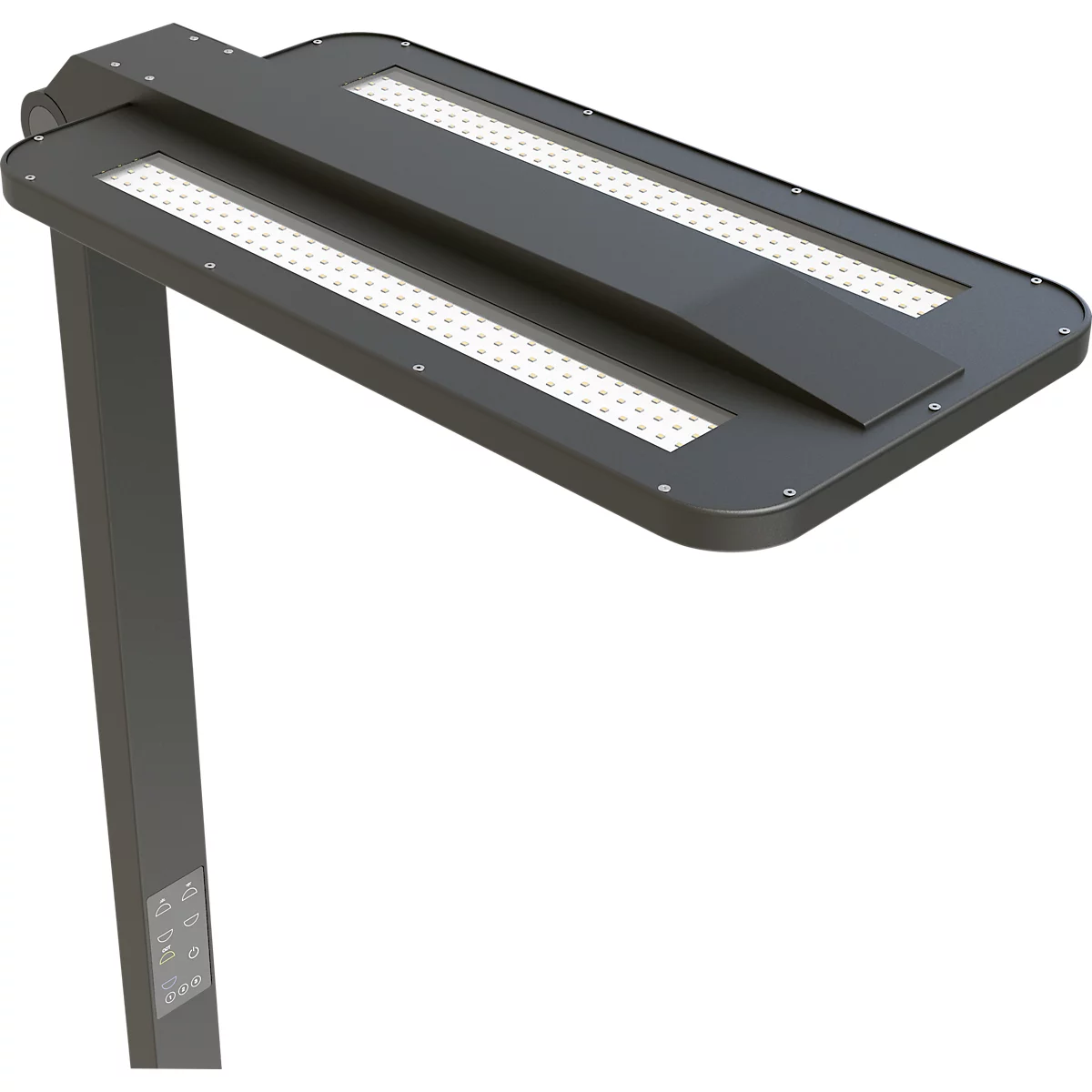 Eine moderne, dunkle Straßenlaterne mit LED-Leuchten. Sie ist an einem dunklen Mast befestigt.