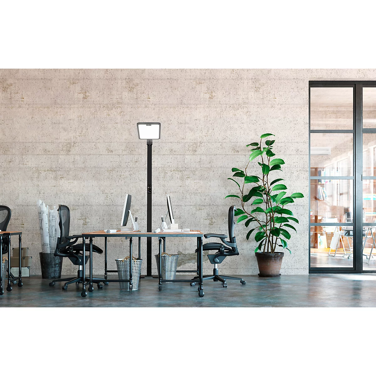 Büro mit Schreibtischen, Stühlen, Pflanzen und einem großen Fenster.