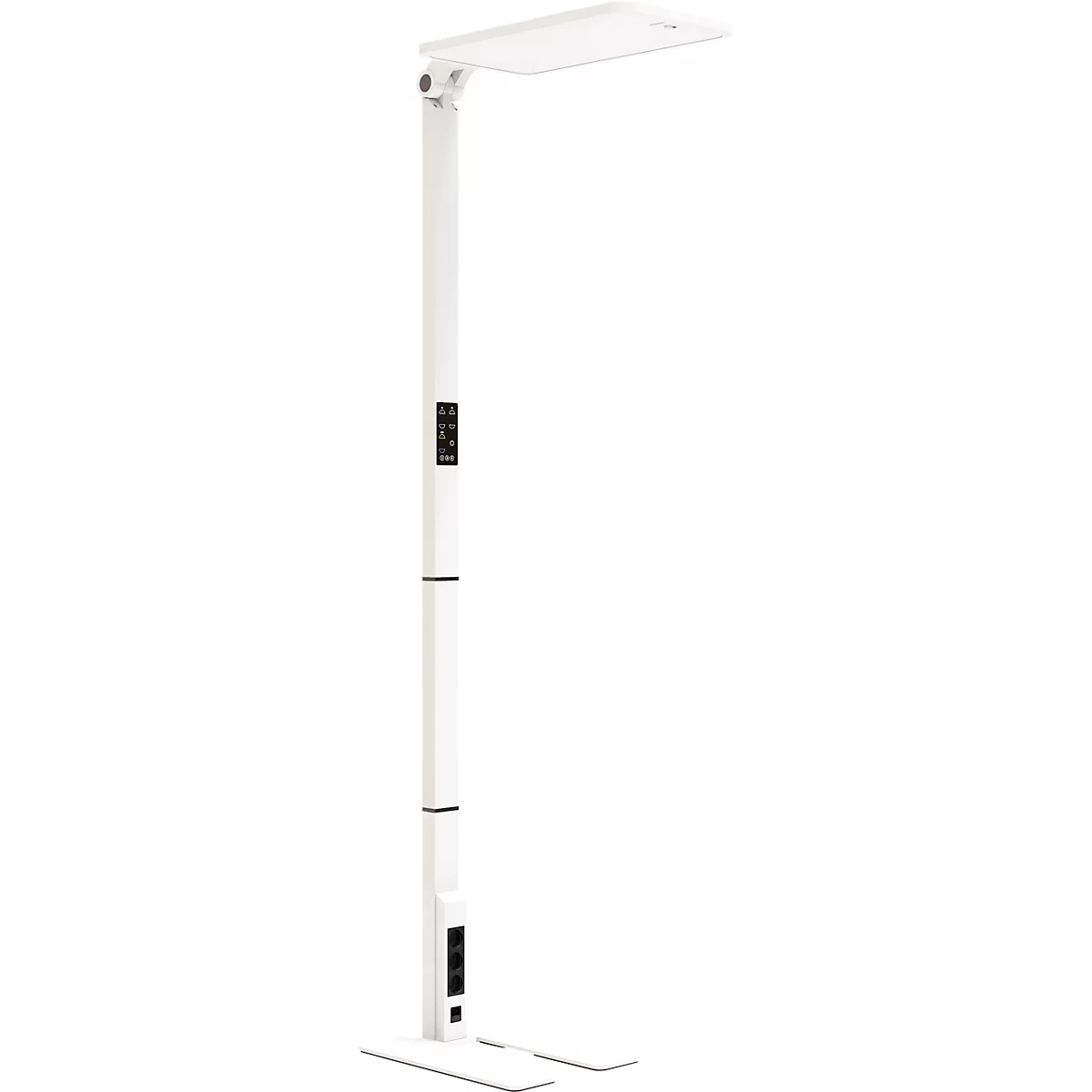 Eine weiße Schreibtischlampe mit rechteckigem Leuchtkopf, höhenverstellbar und mit Steuerung am Fuß.