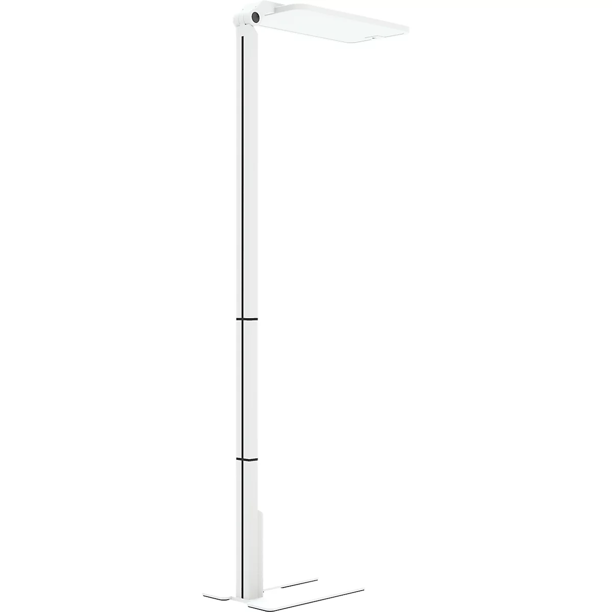 Schreibtischlampe, weiß, schwenkbarer Leuchtkopf, senkrechter Stab. Fuß mit zwei rechteckigen Elementen.