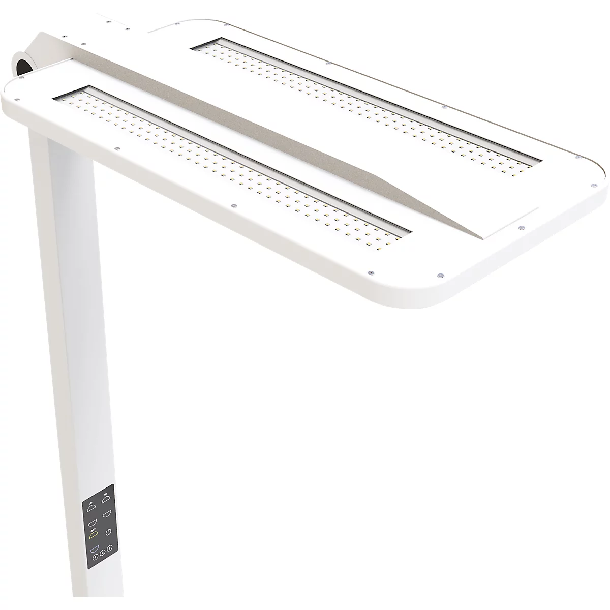 Eine weiße LED-Schreibtischlampe, die von unten nach oben gezeigt wird, mit einem schwenkbaren Lampenkopf und Bedienelementen am Ständer.