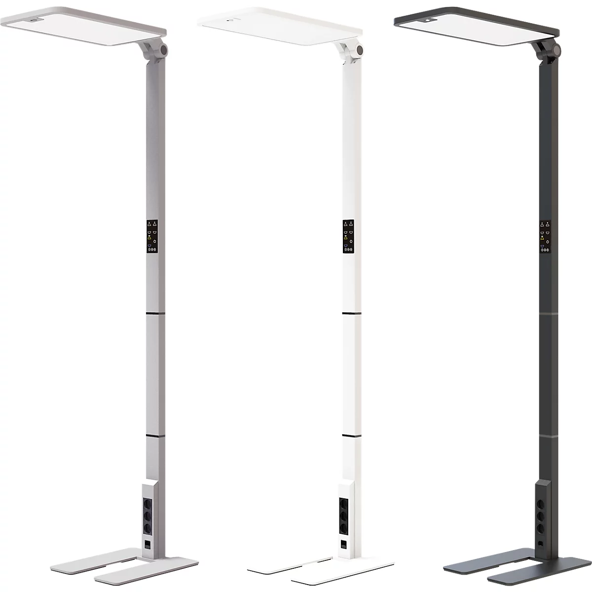 Drei Stehleuchten in Grau, Weiß und Schwarz, jeweils mit rechteckigem Leuchtkopf und Fuß. Jede hat ein Bedienfeld.