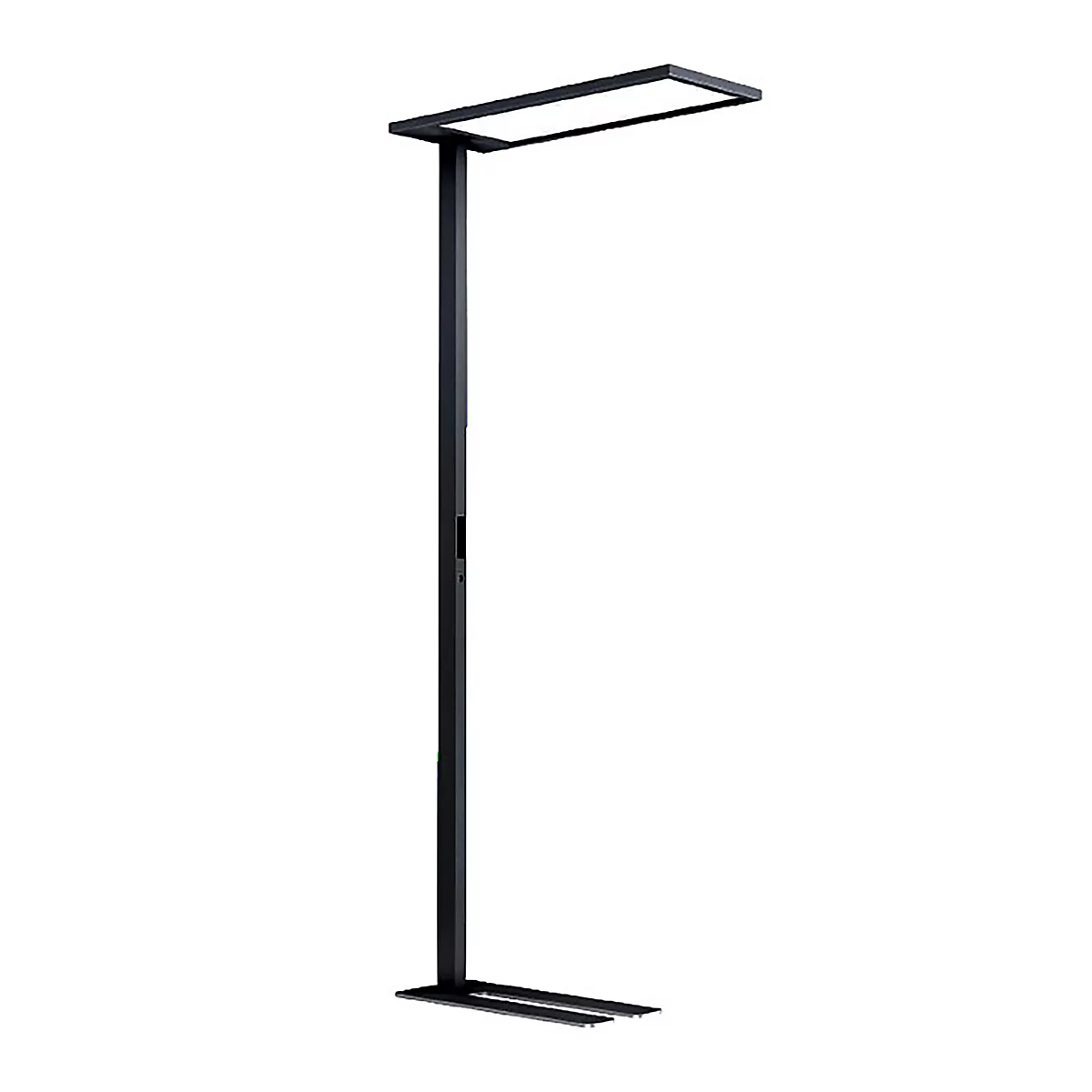 Eine schlanke, schwarze Stehlampe mit rechteckigem Leuchtkopf und schmalem Standfuß auf weißem Hintergrund.