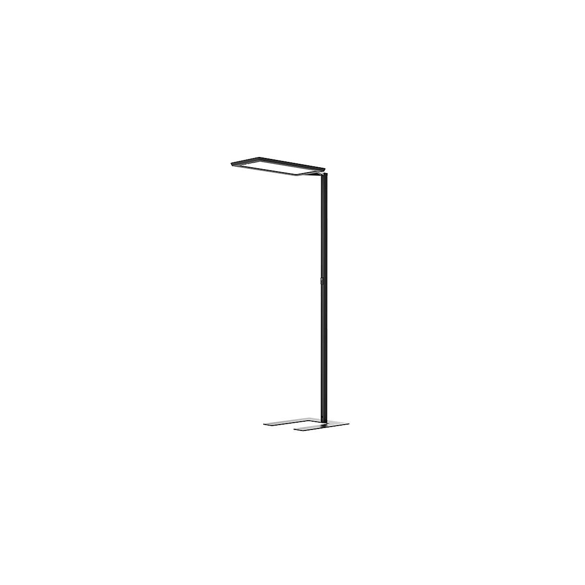 Schwarze Stehlampe, rechteckiger Leuchtkopf, senkrechter Stab, quadratischer Fuß. 