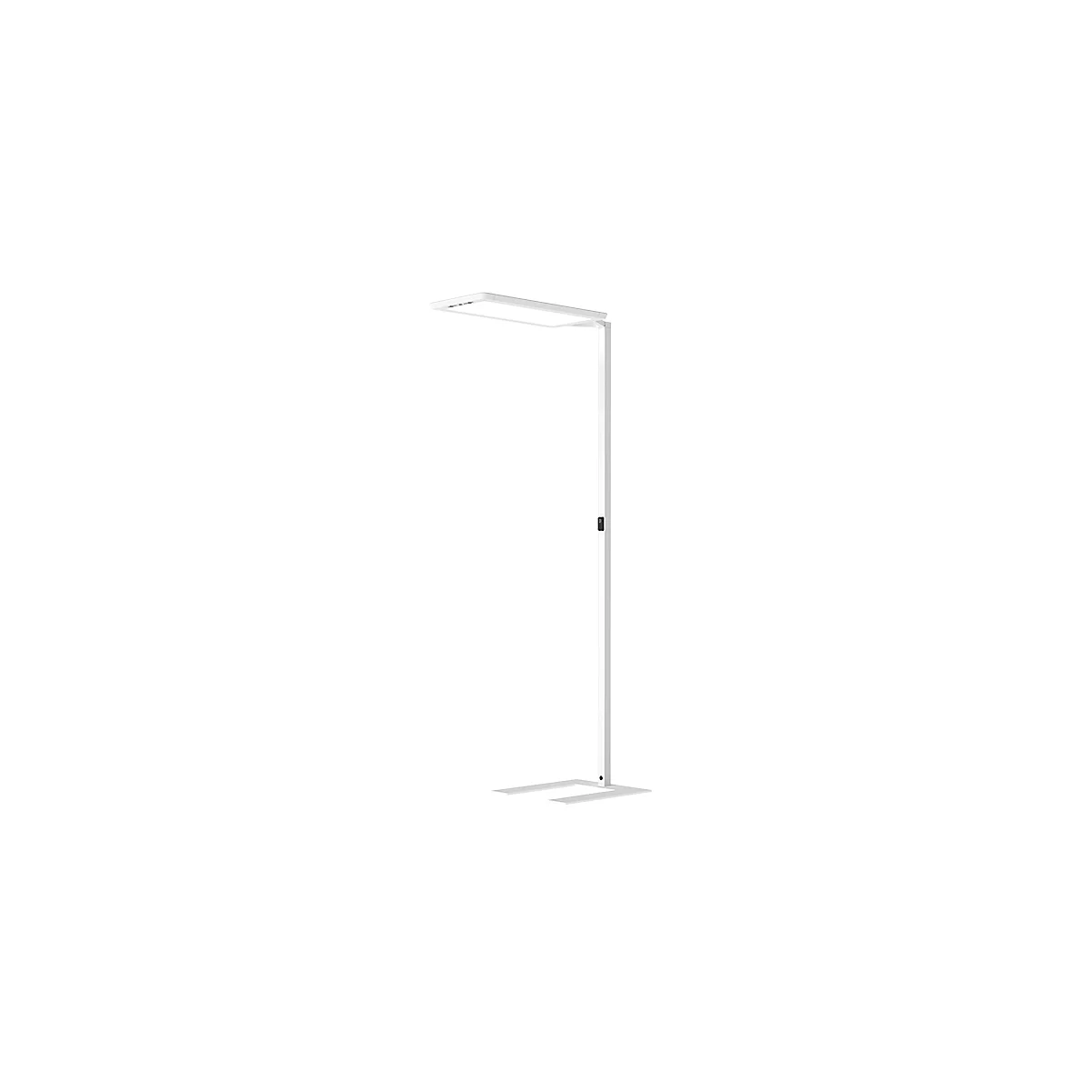 Weiße Stehlampe mit rechteckigem Leuchtkopf, langer Säule und quadratischem Fuß.