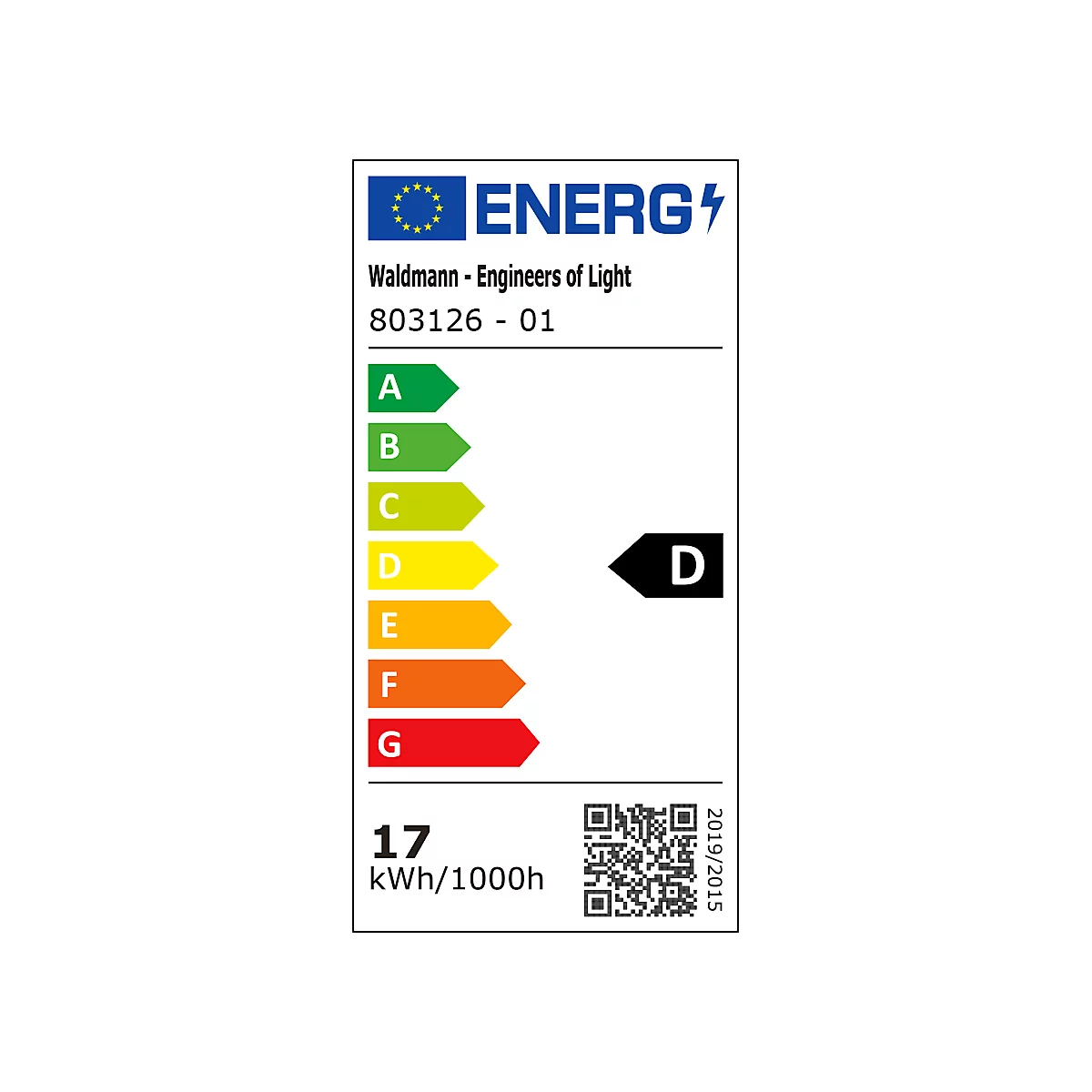 Energielabel mit der Energieeffizienzklasse D. Aufschrift: Waldmann - Engineers of Light, 803126 - 01 und 17 kWh/1000h.